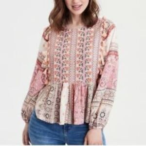 American Eagle | Bohemian Tassel Embroidered Floral Peplum Top Mixed Print XS